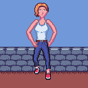 Pixel art image of a white woman with blonde hair, a tank-top, blue jeans and
red sneakers slightly leaning onto a brick barrier