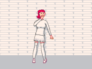 Pixel art image of a white-skinned woman with very red hair standing next to a
wall, somewhat leaning onto it with her left hand and covering her mouth with
her right hand (but it’s still possible to see a bit of a smile), wearing a
white shirt, skirt, over-the-knee socks and not-yet-shaded-or-defined
sneakers