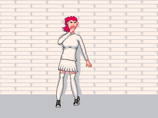Similar image to the previous one, except Claire now has fully-drawn sneakers
and a more prominent shadow on the wall