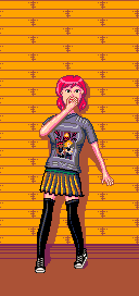 Pixel art image of a white-skinned woman with red hair standing next to a
wall, slightly leaning onto it with her left hand, while covering up a smile
with her right hand. She’s wearing a shirt with a design resembling a video game
cartridge, whose box art shows a black man with a red headband and a
white-skinned woman with blonde hair holding firearms, while weird claws and an
alien head is behind them. Underneath that shirt is a skirt, with a visible
stripe of green at the top and a stripy (and somewhat shiny) grey and
yellow/golden pattern throughout the rest of the length, invoking the look of
pins at the bottom of a video game cartridge. She’s wearing black knee-height
socks and black sneakers with white tips, shoe strings and what looks like a
small emblem at the side.