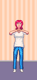 Pixel art image of a white-skinned woman with red hair and green eyes. she’s
smiling and doing a heart shape with her hands. She’s wearing a white t-shirt,
blue somewhat baggy jeans and white socks.