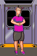 Pixel art image of a white-skinned woman standing inside of a subway train.
she has gray side-shaved hair and yellow eyes. she’s wearing a necklace with a
heart shape on it, a purple shirt, a belt underneath that’s mostly hidden by her
hands, a gray skirt that wraps around a bit and has a petal-like shape closed by
buttons, stockings and casual purple shoes.