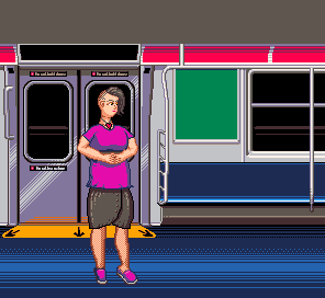 Pixel art image of a white-skinned woman standing inside of a subway train.
She has gray side-shaved hair and yellow eyes. she’s wearing a necklace with a
heart shape on it, a purple shirt, a belt underneath that’s mostly hidden by her
hands, a gray skirt that wraps around a bit and has a petal-like shape closed by
buttons, stockings and casual purple shoes.