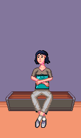 Pixel art of a young woman with white-tinted-pink skin sitting on a modern
backless city bench, holding a shopping bag in her crossed arms. She has dark
blue hair, is wearing a gray V-neck T-shirt, lighter gray sweatpants, white
socks and gray slippers.