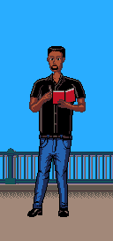 Pixel art of a black man with short hair and a goatee standing with a red
notebook in his left hand and a pen in his right. He’s got short black hair and
a goatee, and is wearing a black button-up shirt, dark blue jeans and business
shoes. The rather plain background shows some gray ground and a set of
railings.