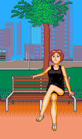 Pixel art of a woman with white-tinted-orange skin sitting on a bench in a
park, with a cityscape behind her. She has dark blue eyes and brown hair. Her
left hand is leaning onto the bench’s metallic edge, while her right hand is
laying on top of the bench’s back rest. Her legs are crossed over. She’s wearing
a black sleeveless dress, (presumably some underwear that we don’t see because
of it being covered by the legs), and a set of sandals. The background has a
single tree that i spent way too much time drawing, as well as a suspiciously
detailed cityscape.