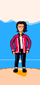 An orange-ish white-skinned woman with red glasses and black somewhat wavy
hair standing in front of a cliff facing the sea. she’s wearing a red jacket
with a white line in an inverted T shape and similar white lines on her wrists,
a white t-shirt below it, black pants, slightly visible white socks and black
shoes