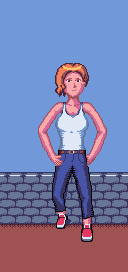 A white-skinned woman with blonde hair slightly sitting on a short brick wall.
she’s wearing a white tank top, blue jeans with a belt and red
sneakers