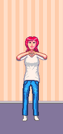 Pixel art image of a white-skinned woman with red hair and green eyes. she’s
smiling and doing a heart shape with her hands. She’s wearing a white t-shirt,
blue somewhat baggy jeans and white socks.