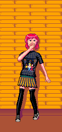 Same character as before, except with a different-looking shirt. It is now
dark blue with gray grid lines running throughout, and the image in the center
of it now portrays three people in front of a cityscape: a black man with black
hair and a yellow vest, a white-skinned man with blonde hair, a blue headband, a
white tank top and jeans, and a white-skinned woman with black hair in a red
dress. All of them are raising their fists, as much as it is possible to show in
such a tiny space.