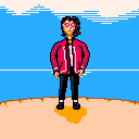 Pixel art image of a woman with yellowish white skin and black somewhat curly
hair standing near the edge of a cliff overlooking the sea. She’s wearing a red
bomber jacket with a white stripe on each sleeve and going through the bottom
and front in an inverted “T” shape, black pants, black shoes and white socks
visible between pants and shoes.