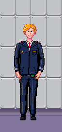 A pixel art image of a white-skinned middle-aged man with blonde hair, wearing
a dark blue formal uniform with red rank markings on top, a logo with the letter
N on the right (left for the viewer) side, gray buttons and two silver-ish lines
at the end of the sleeves. Underneath the suit is a simple belt buckle and some
kind of electronic device. Below are dark blue pants and black
shoes.