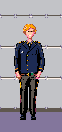 An alternate outfit for the previously seen character, with a more formal
button-up suit, gold trim lines on the sleeves, a black undershirt with a star
emblem instead of a tie, black pants with gold trim on the sides and a visible
leather belt.