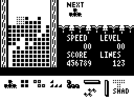 a screenshot of a standard falling blocks game, designed for a 128x64
monochrome device.